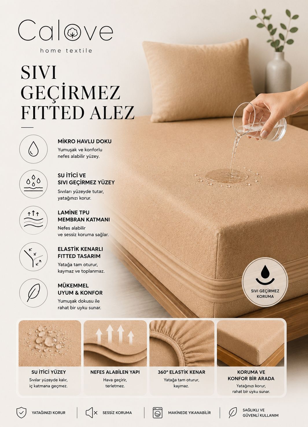 calove Premium Sıvı Geçirmez Mikrofiber Alez - Tam Kenar Korumalı Yatak Koruyucu (Bebek/Tek/Çift/Battal)
