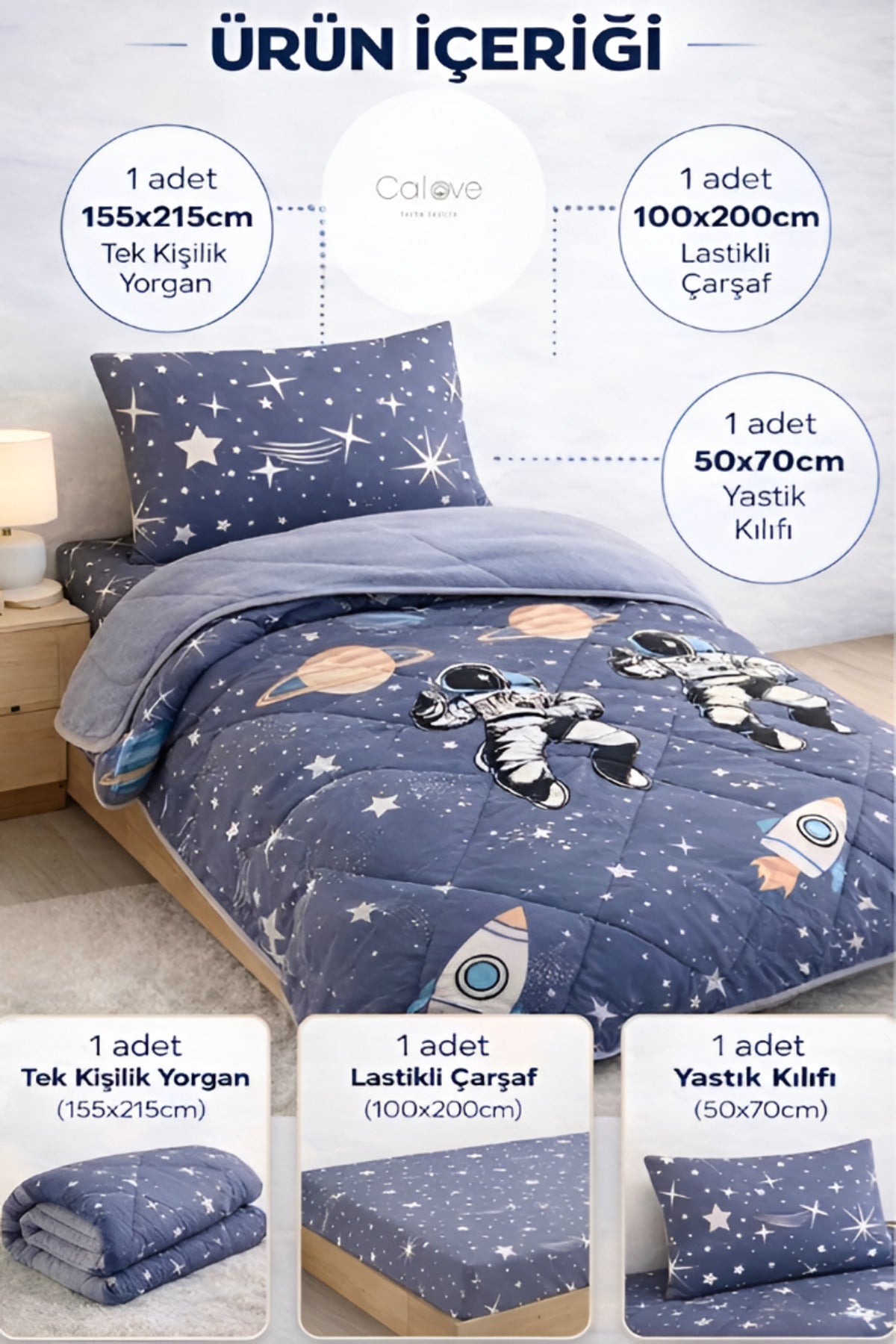 Astronot desenli tek kişilik Wellsoft yorgan seti