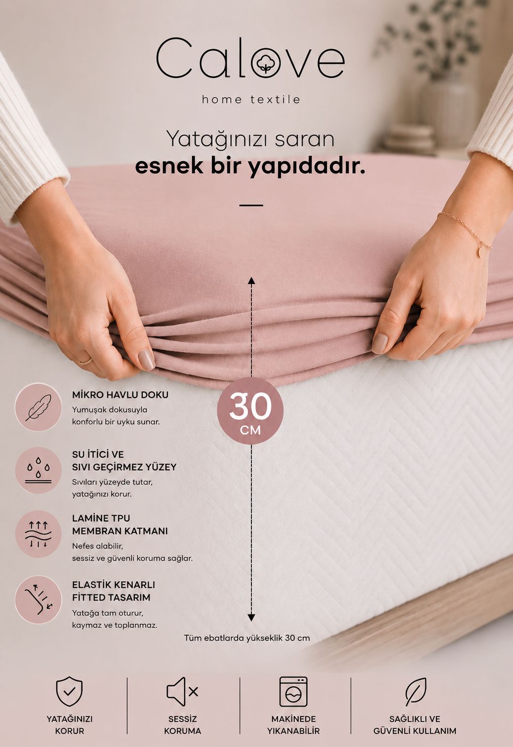 calove Premium Sıvı Geçirmez Mikrofiber Alez - Tam Kenar Korumalı Yatak Koruyucu (Bebek/Tek/Çift/Battal)