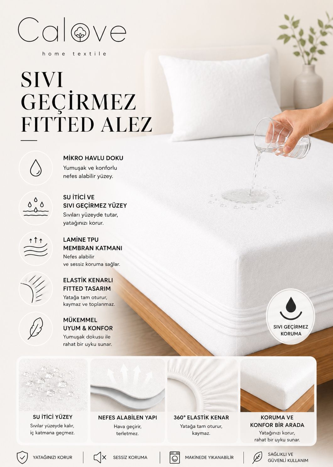 calove Premium Sıvı Geçirmez Mikrofiber Alez - Tam Kenar Korumalı Yatak Koruyucu (Bebek/Tek/Çift/Battal)