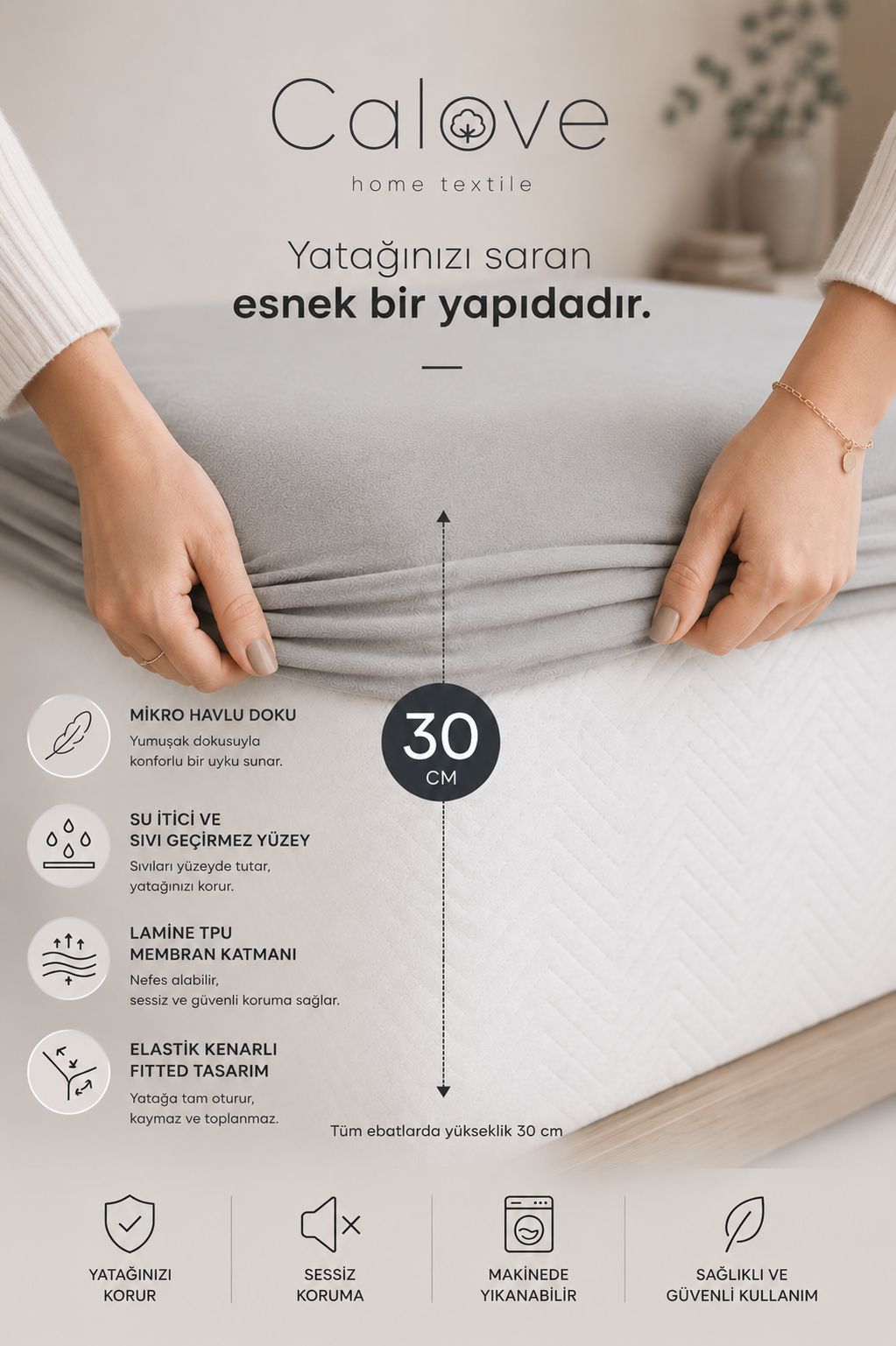 calove Premium Sıvı Geçirmez Mikrofiber Alez - Tam Kenar Korumalı Yatak Koruyucu (Bebek/Tek/Çift/Battal)