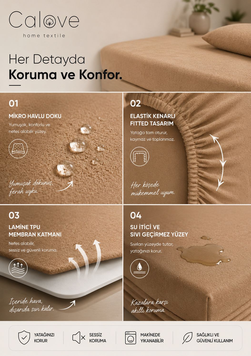 calove Premium Sıvı Geçirmez Mikrofiber Alez - Tam Kenar Korumalı Yatak Koruyucu (Bebek/Tek/Çift/Battal)