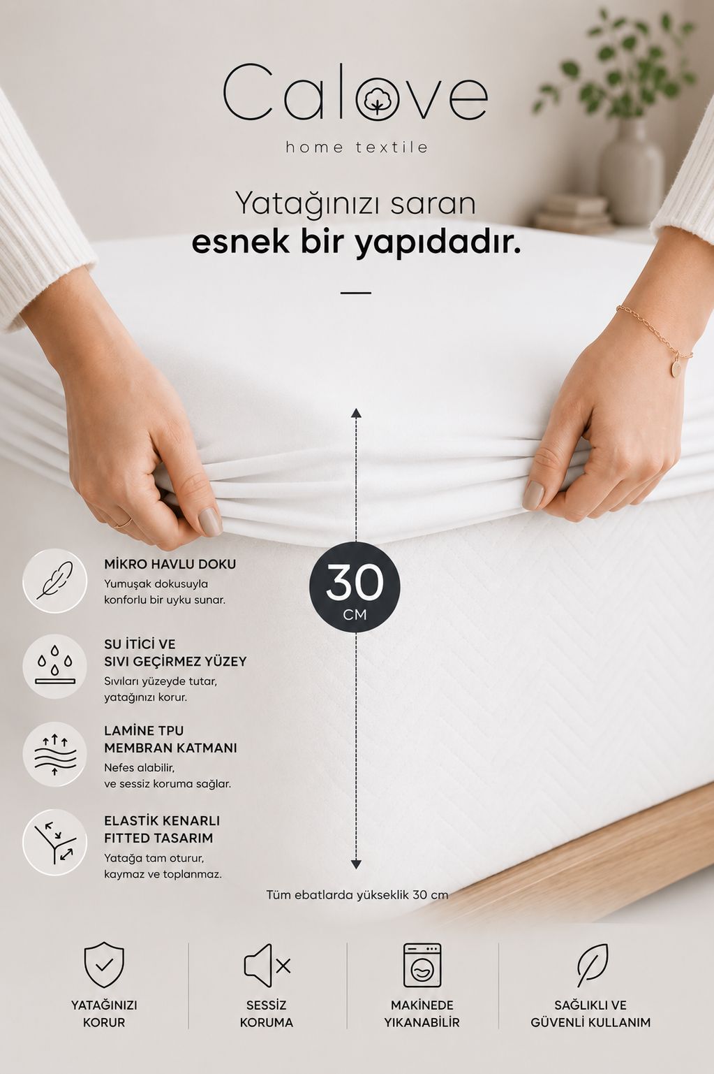 calove Premium Sıvı Geçirmez Mikrofiber Alez - Tam Kenar Korumalı Yatak Koruyucu (Bebek/Tek/Çift/Battal)