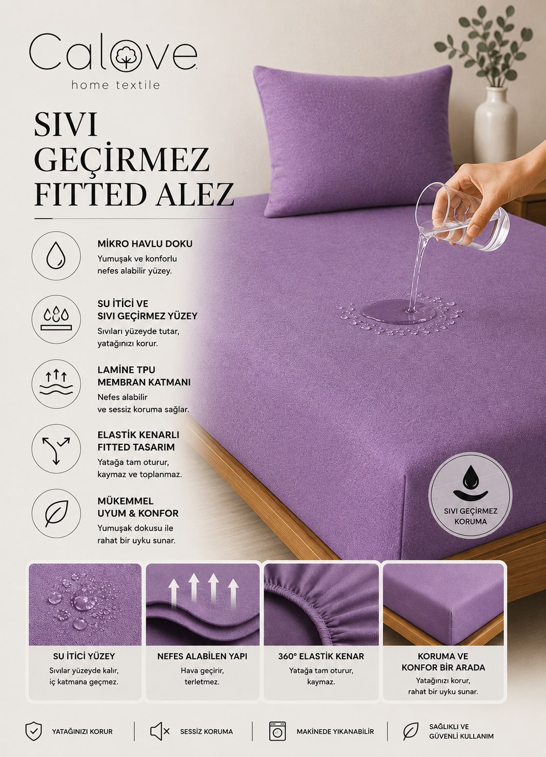 calove Premium Sıvı Geçirmez Mikrofiber Alez - Tam Kenar Korumalı Yatak Koruyucu (Bebek/Tek/Çift/Battal)