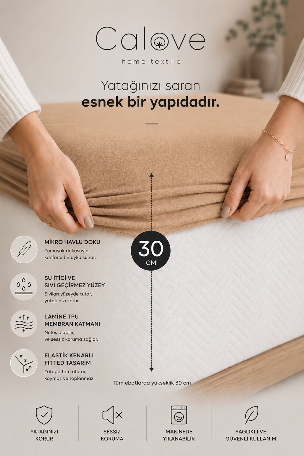 calove Premium Sıvı Geçirmez Mikrofiber Alez - Tam Kenar Korumalı Yatak Koruyucu (Bebek/Tek/Çift/Battal)