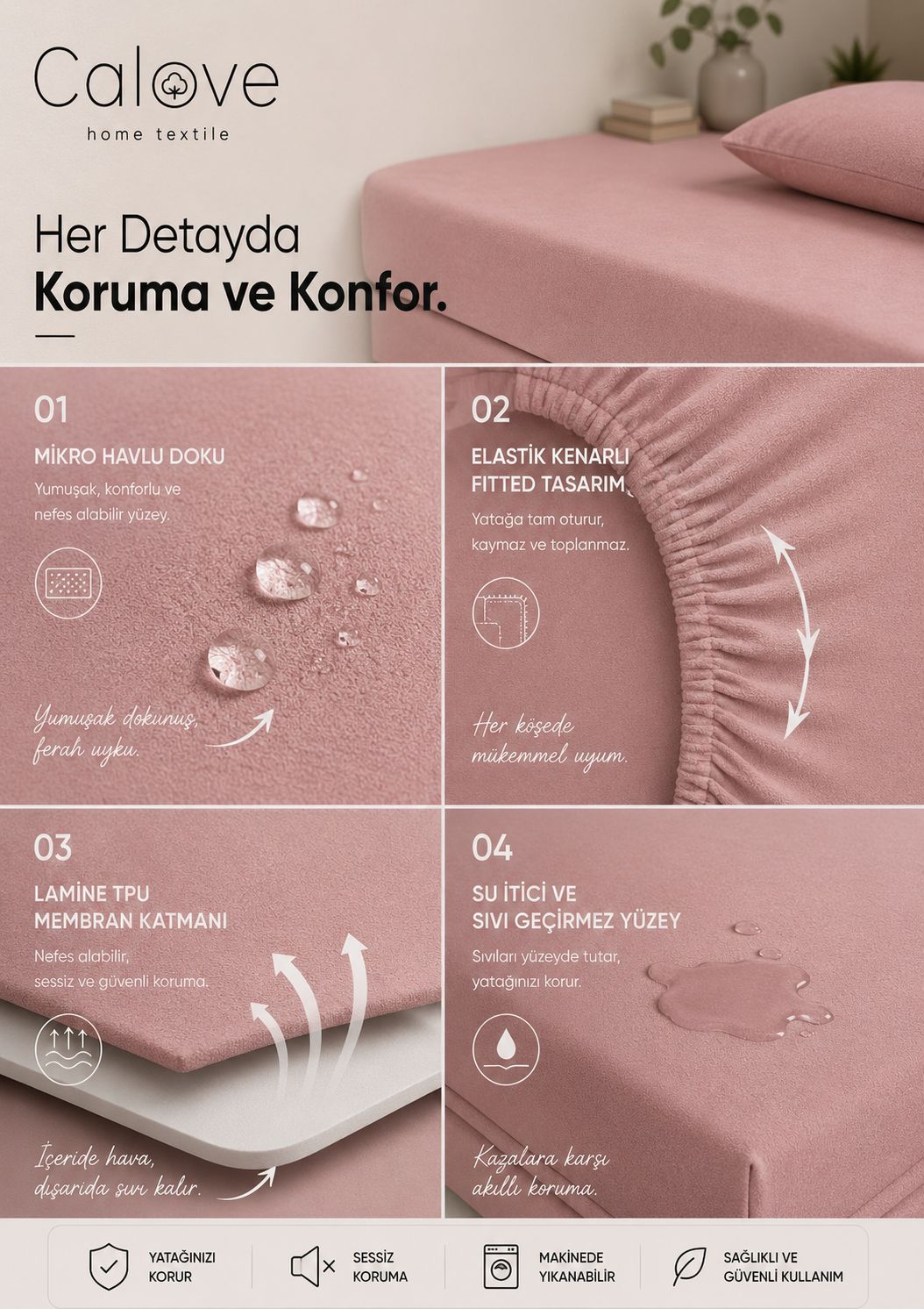 calove Premium Sıvı Geçirmez Mikrofiber Alez - Tam Kenar Korumalı Yatak Koruyucu (Bebek/Tek/Çift/Battal)