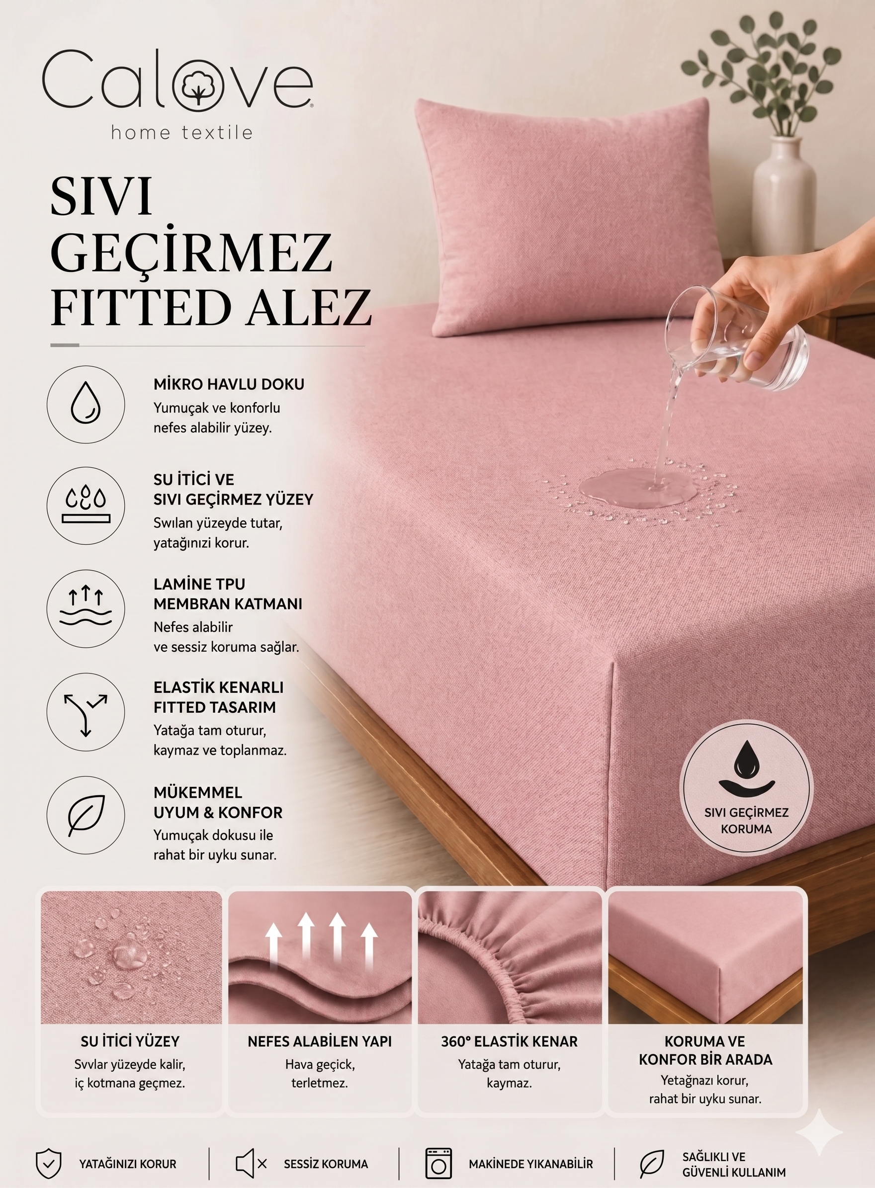 calove Premium Sıvı Geçirmez Mikrofiber Alez - Tam Kenar Korumalı Yatak Koruyucu (Bebek/Tek/Çift/Battal)
