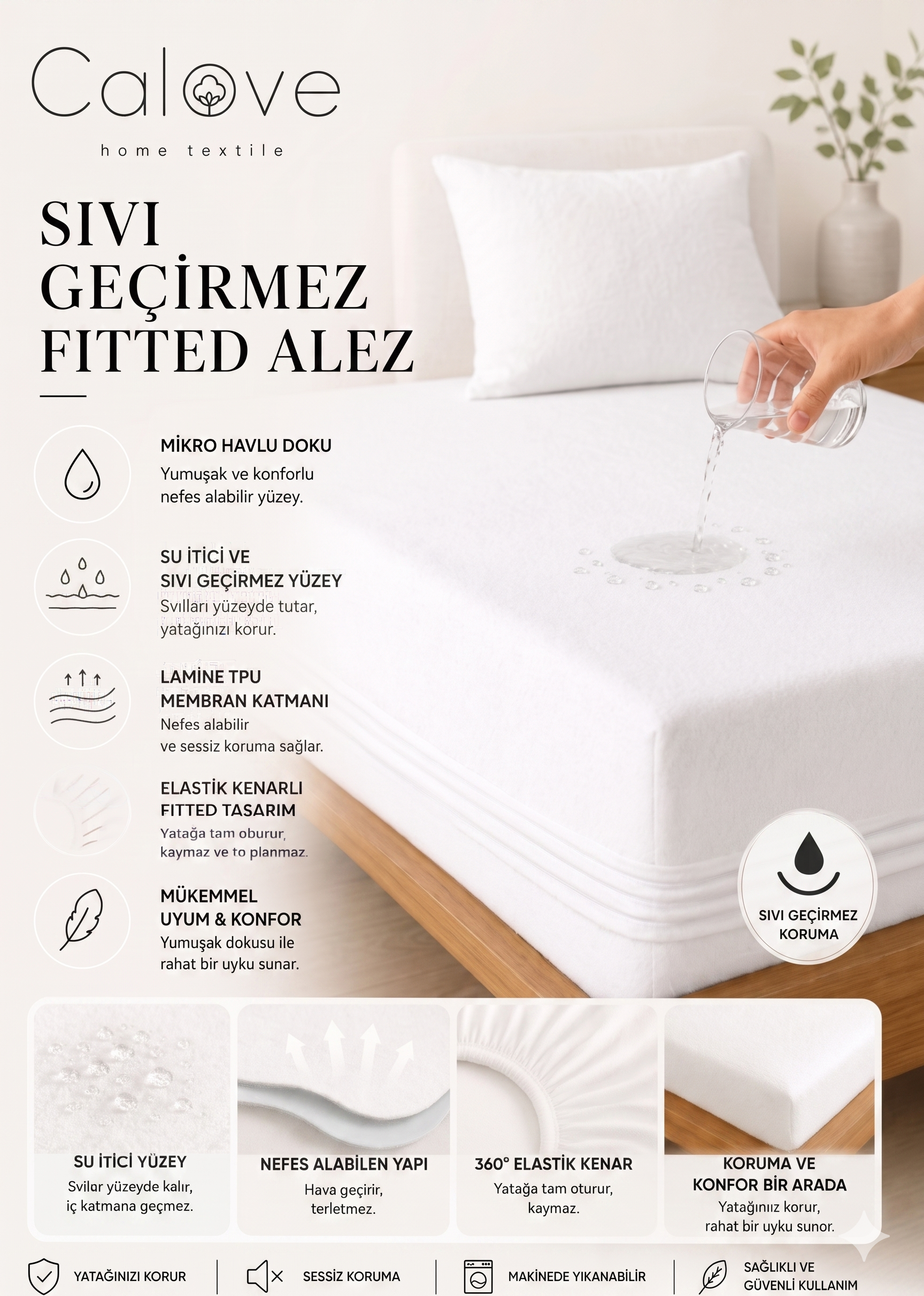 calove Premium Sıvı Geçirmez Mikrofiber Alez - Tam Kenar Korumalı Yatak Koruyucu (Bebek/Tek/Çift/Battal)