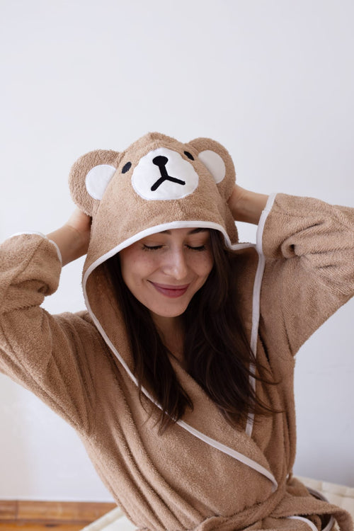 calove %100 Pamuklu Peluş Ayı Nakışlı Bornoz
