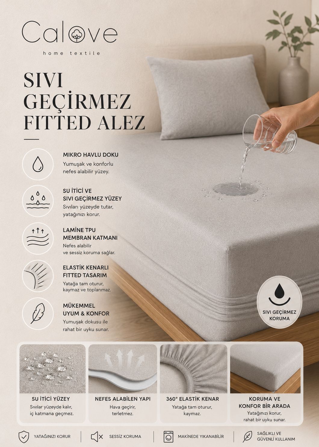 calove Premium Sıvı Geçirmez Mikrofiber Alez - Tam Kenar Korumalı Yatak Koruyucu (Bebek/Tek/Çift/Battal)