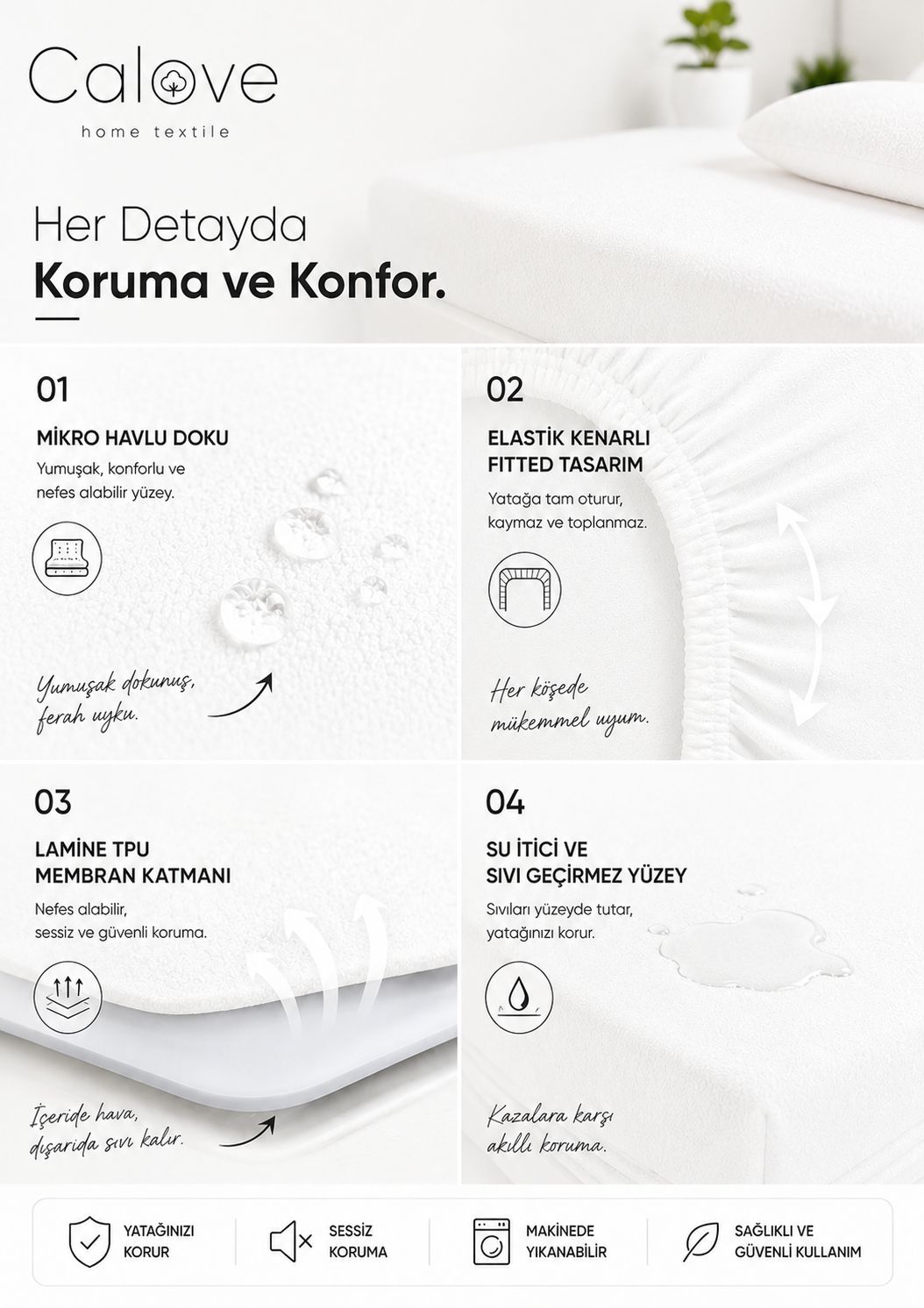 calove Premium Sıvı Geçirmez Mikrofiber Alez - Tam Kenar Korumalı Yatak Koruyucu (Bebek/Tek/Çift/Battal)