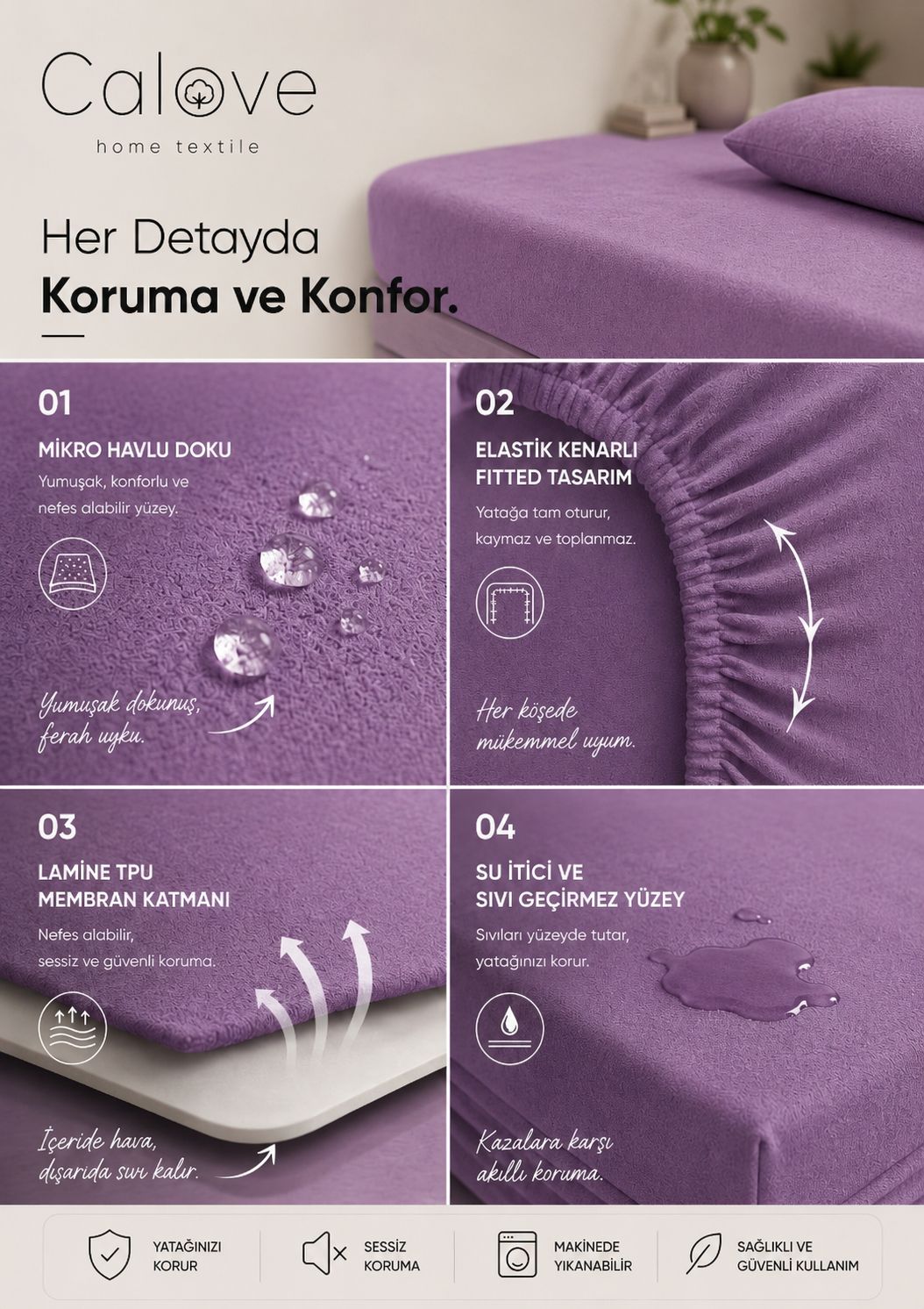 calove Premium Sıvı Geçirmez Mikrofiber Alez - Tam Kenar Korumalı Yatak Koruyucu (Bebek/Tek/Çift/Battal)