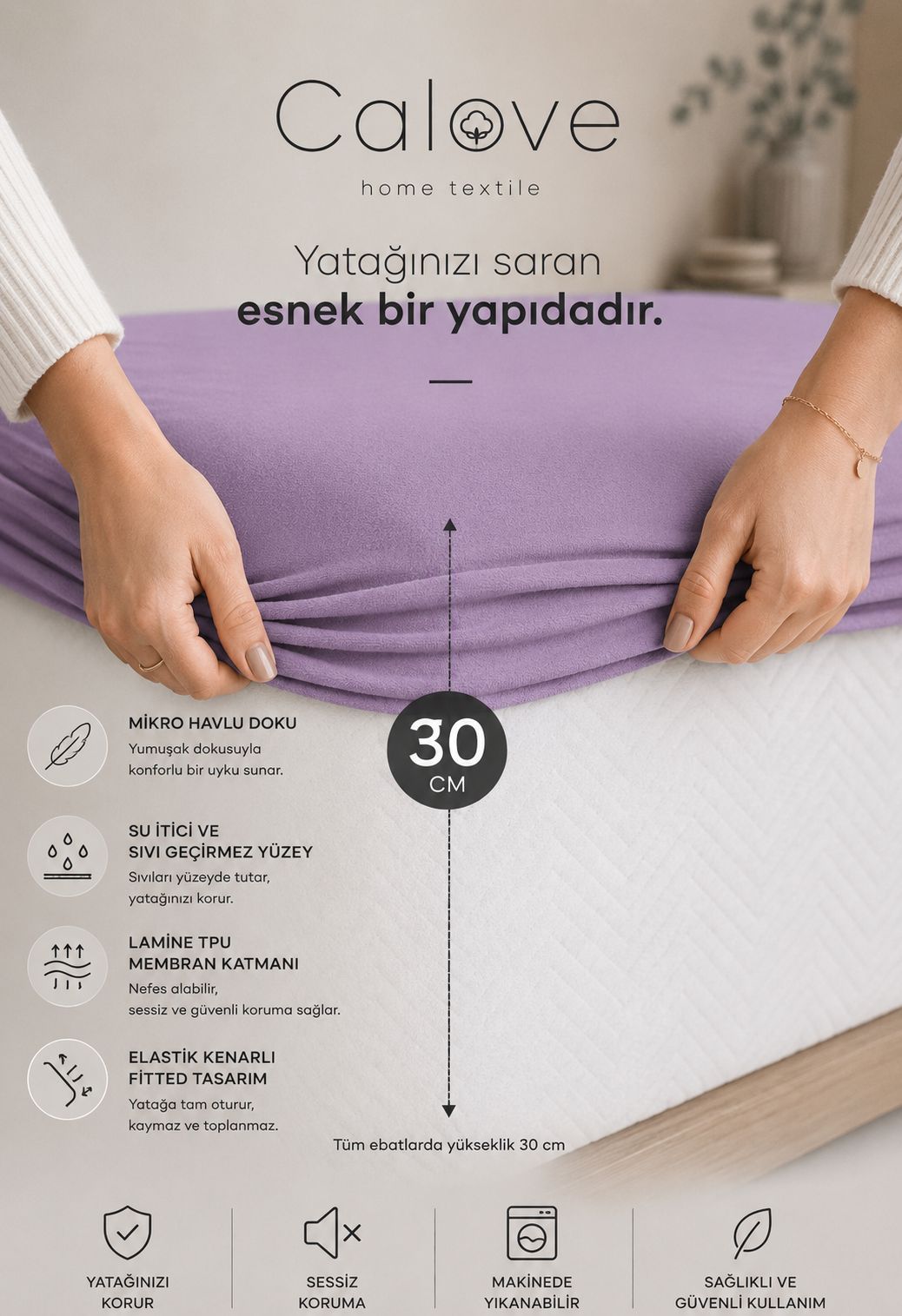 calove Premium Sıvı Geçirmez Mikrofiber Alez - Tam Kenar Korumalı Yatak Koruyucu (Bebek/Tek/Çift/Battal)