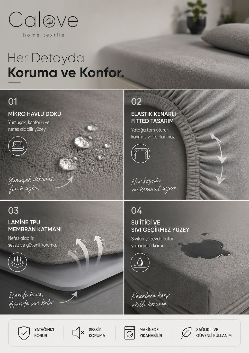 calove Premium Sıvı Geçirmez Mikrofiber Alez - Tam Kenar Korumalı Yatak Koruyucu (Bebek/Tek/Çift/Battal)