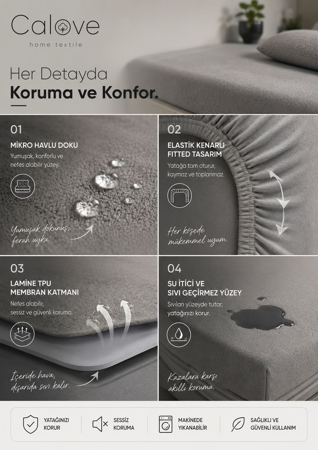 calove Premium Sıvı Geçirmez Mikrofiber Alez - Tam Kenar Korumalı Yatak Koruyucu (Bebek/Tek/Çift/Battal)